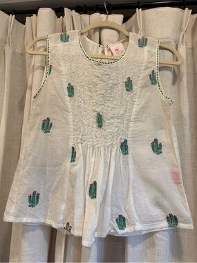 Nimo with Love - White Embroidered Cactus Smocked Tank Top